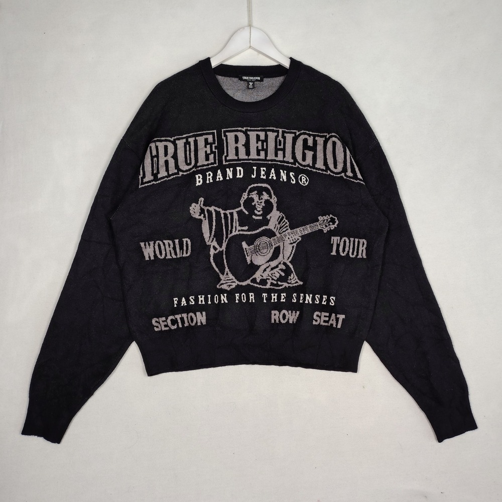 True Religion Buddha World Tour Intarsia Knit Sweater Black Grey Mens Medium